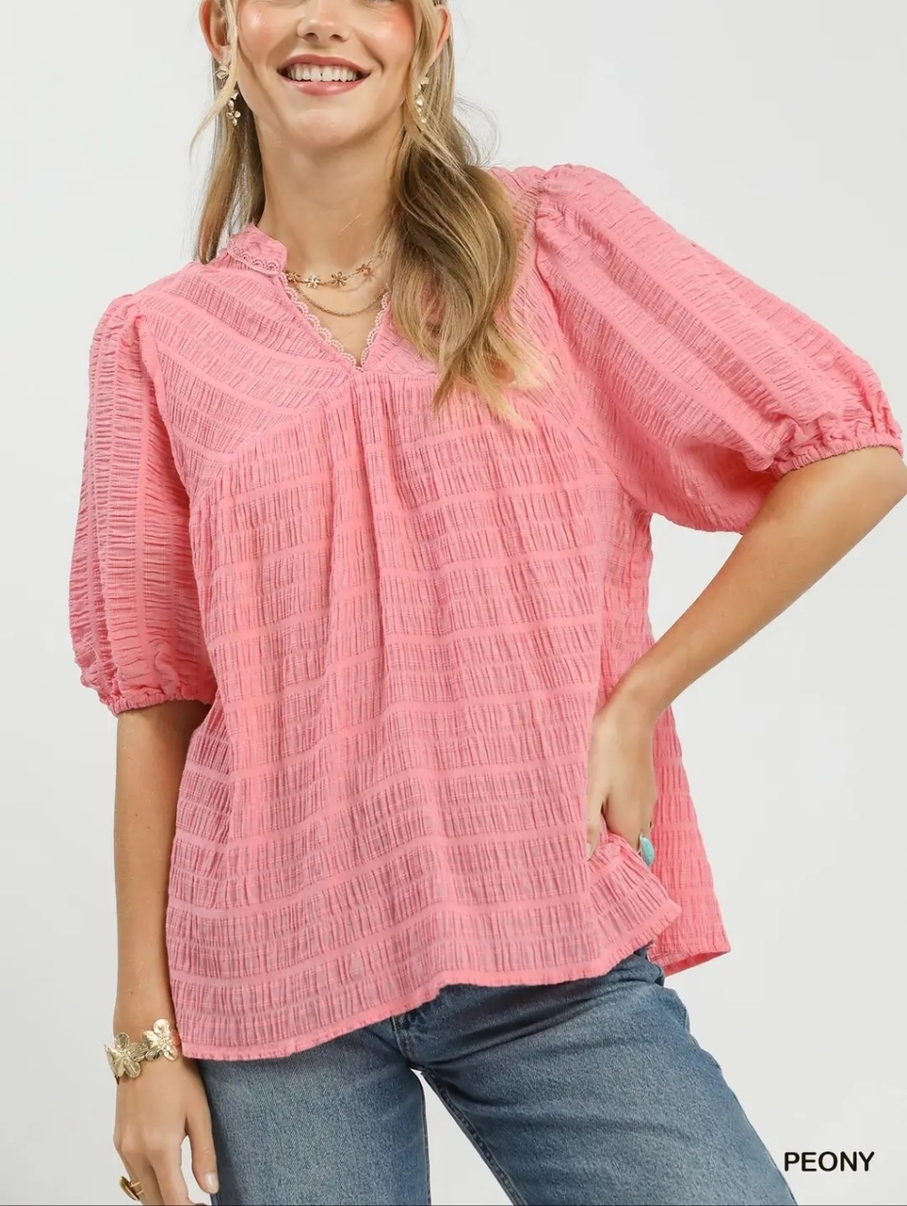 Umgee Textured Puff Sleeve Blouse - Picture 1 of 4
